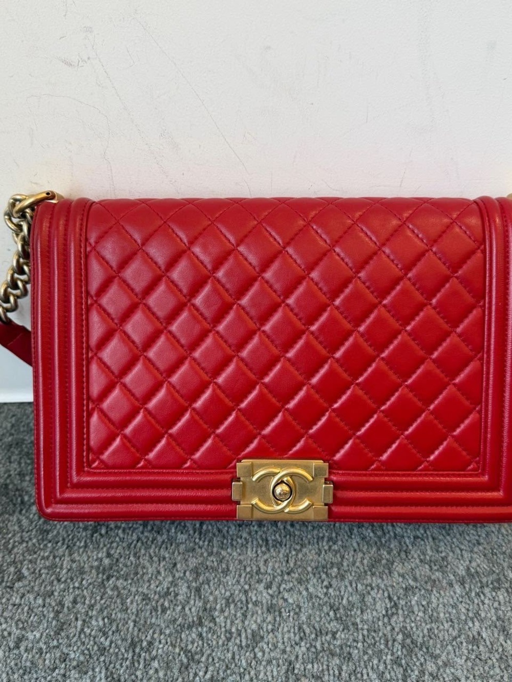 CHANEL Quilted Red Leather Boy Flap with Gold Hardware